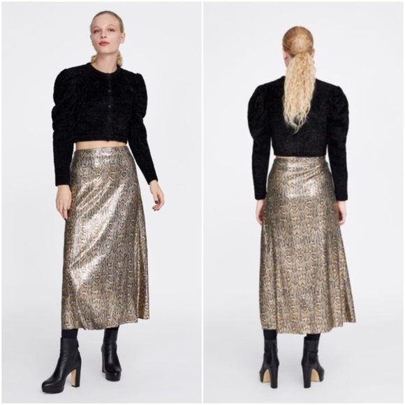 ZARA The Knit Collection Snakeskin Sequin Midi Maxi Skirt Size M - Picture 1 of 13